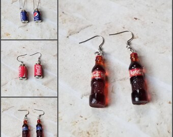 Whimsical earrings, kitschy earrings, soft drink  earrings, pop earrings, soda earrings, stainless steel wires, beverage earrings,