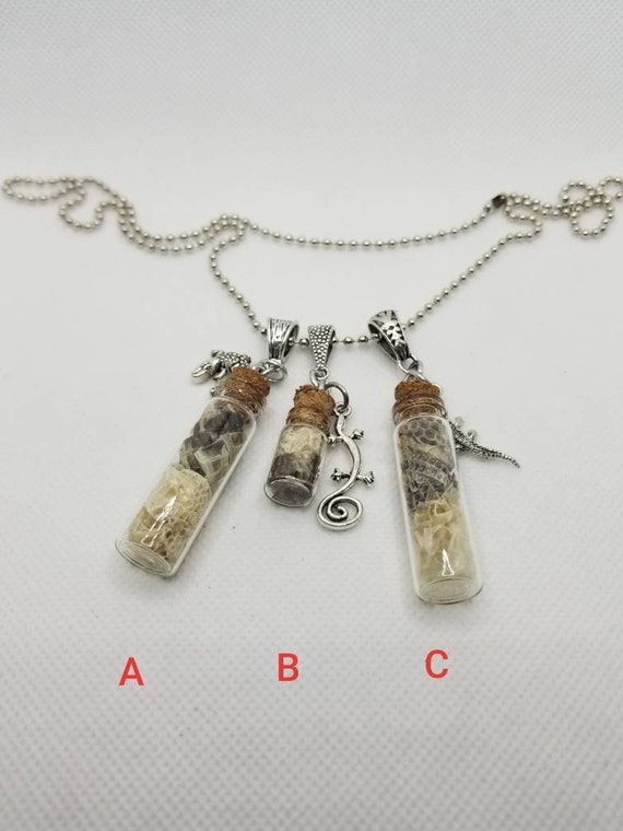 Tegu shed charm vial pendant, Tegu shed bottle pendant, lizard skin in bottles, reptile shed jewelry, Tegu shed pendant, silver lizard charm