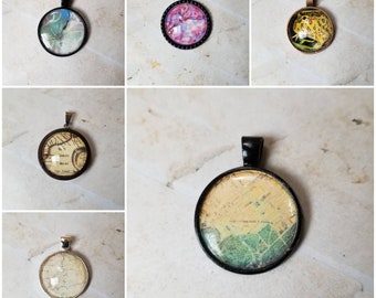 Peach blossom, photo behind glass, frog pendant, map pendants, glass and silicone cabochons, assorted photo jewelry, old maps