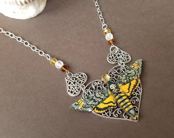 Deaths Head moth, Death's head moth necklace, silver-toned, Czech glass, sea glass, wood lasercut moth, Hawk moth necklace, bib necklace