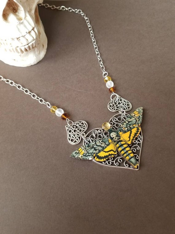 Deaths Head moth, Death's head moth necklace, silver-toned, Czech glass, sea glass, wood lasercut moth, Hawk moth necklace, bib necklace