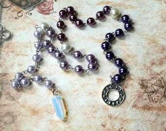 Lammas prayer beads, pagan prayer beads, Lughnasadh prayer beads, stainless steel, glass pearls, Opalite pendulum, moon phase charm