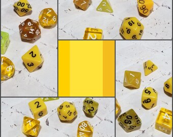 Sets of 7 yellow 16mm dnd dice, polyhedral gaming dice, DnD dice set, RPG dice, DnD dice, D and D dice, gaming dice, curated sets