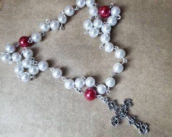 Orthodox Chotki, religious, Orthodox prayer beads, white and red glass pearls,  filigree design crucifix, Orthodox Christian, Komboskini