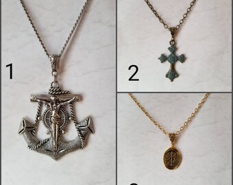 Huge crucifix necklace, cross jewelry, Christian jewelry, stainless steel chain, Mariners Cross, copper patina cross, gold cross pendant
