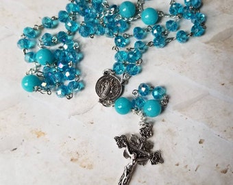 Catholic rosary, aqua Czech glass rosary, faceted Czech glass, blue Malay Jade, five decade rosary, silver St Benedict center, hand-wired,