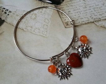 Lammas bangle, expandable bangle, Lammas jewelry, matches prayer beads, Lughnasadh bracelet, Red Jasper, Malay Jade, sun charms,  Wiccan