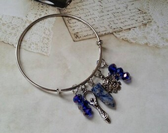 Pagan charm bangle, expandable bangle, silver charm bangle, charm bracelet, Wiccan jewelry, matches witch ladder, Sodalite, Czech glass
