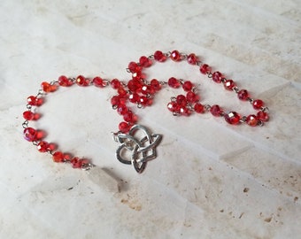 Witches ladder, pagan prayer beads, Wiccan beads, stainless steel, red faceted Czech glass, quartz pendulum, infinite heart  charm,  Wiccan