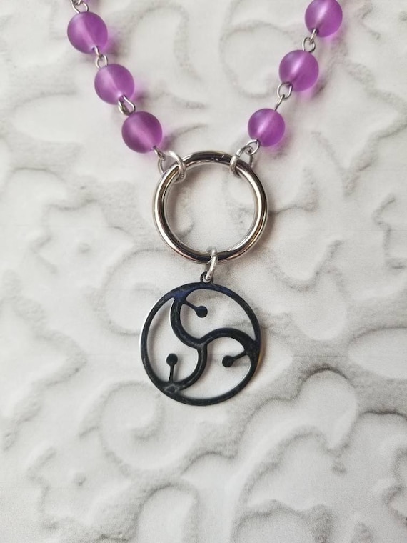 O ring day collar, discreet day collar, symbolic jewelry, BDSM collar, submissive collar, stainless, purple sea glass, BDSM symbol charm