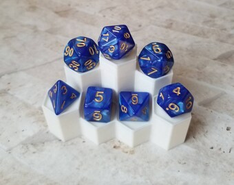 Pearl blue 16mm dnd dice  with gold  numbers, polyhedral gaming dice, DnD dice set, RPG dice, D and D, gaming dice, set of 7 DnD dice