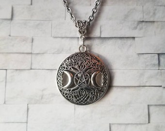Triple Goddess necklace, Goddess jewelry, tree of life pendant, pagan jewelry, Wiccan jewelry, pentagram necklace, double sided, witchy gift
