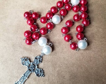 Anglican Prayer beads, Episcopal, Protestant prayer beads, Methodist, red and white  glass pearls, stainless steel, art deco cross