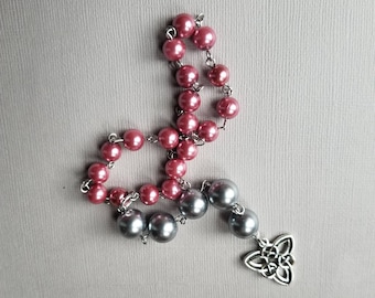 Baha'i prayer beads, 19 and 5 prayer beads, loop style prayer beads, stainless, hand-wired, cranberry and gray glass pearls,   Celtic knot