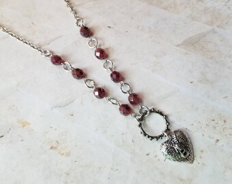 BDSM day collar, garnet Czech glass, discreet day collar, symbolic jewelry, BDSM collar, submissive collar, stainless steel, O ring, heart