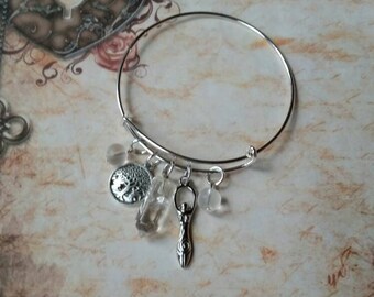 Lammas bangle, expandable bangle, Lammas jewelry, matches prayer beads, Lughnasadh bracelet, quartz pendulum, sea glass, Goddess jewelry