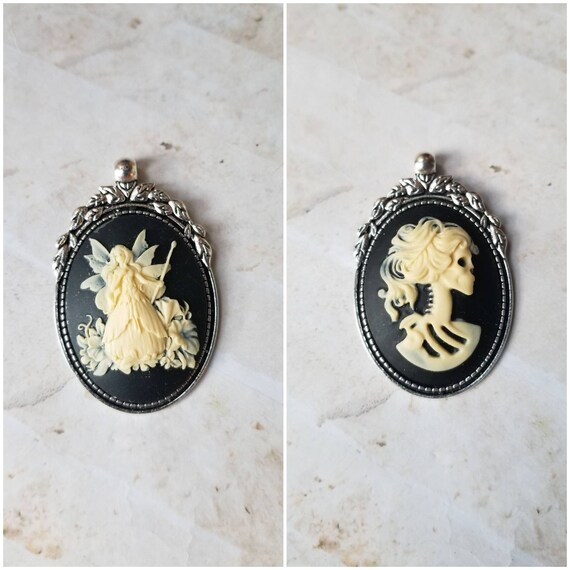 Cameo pendant, cameo necklace, Gothic cameo pendant, Lolita cameo pendant, Day of the dead cameo, faerie cameo pendant, fantasy jewelry