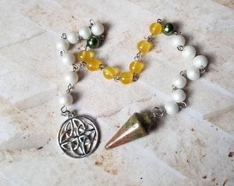 Yule prayer beads, pagan prayer beads, witch prayer beads, stainless pins, Sabbat prayer beads, Unakite gemstone pendulum, Celtic knot charm