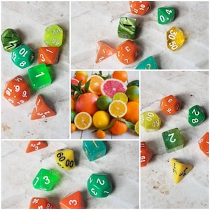 Citrus fruit-inspired 16mm dice sets, dnd dice sets, themed hand picked dnd dice, curated set, polyhedral dice, RPG dice, citrus themed dice