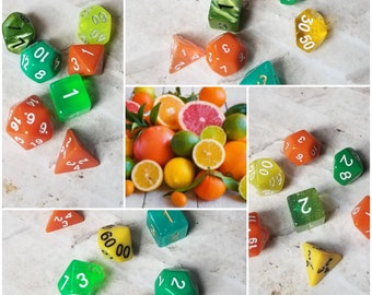 Citrus fruit-inspired 16mm dice sets, dnd dice sets, themed hand picked dnd dice, curated set, polyhedral dice, RPG dice, citrus themed dice