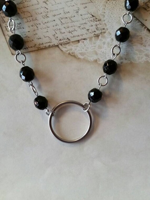 O ring day collar, discreet day collar, black Czech glass, symbolic jewelry, BDSM collar, submissive collar, silver toned, O ring necklace