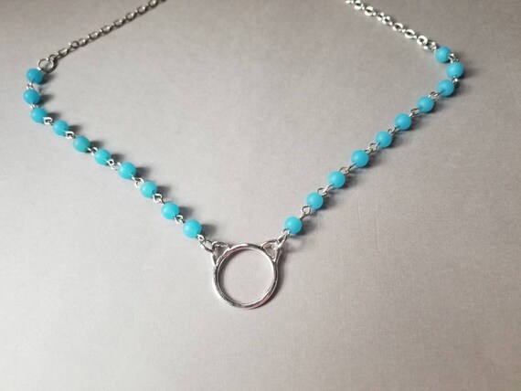 Kitten day collar, discreet day collar, blue sea glass beads, BDSM collar, cat ear O ring necklace, stainless steel, Valentine's gift idea