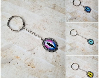 Dragon eye keychains, silver-toned keychain, dragon eye key ring, stainless steel ring, glass eye cabochon, dnd dragon eye keychain