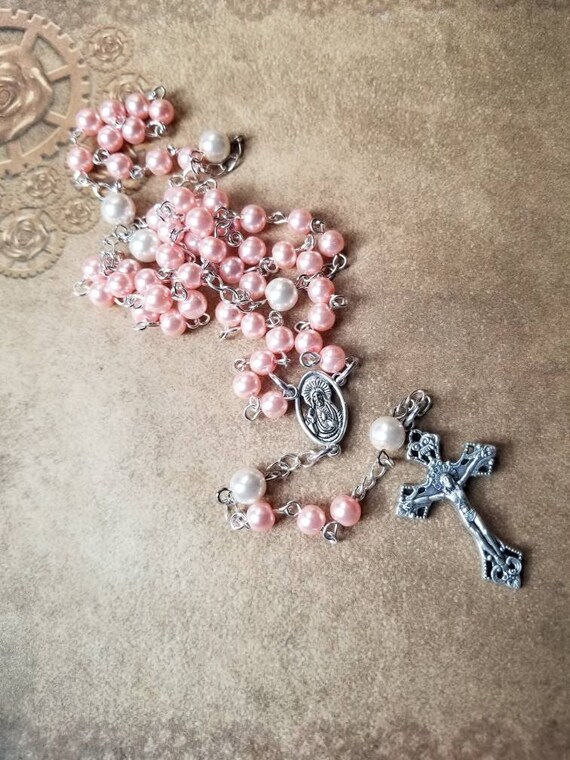 Five decade rosary, silver tone, pink and ivory glass pearls, Sacred Heart center, and beautiful Italian-made crucifix, religious, Catholic