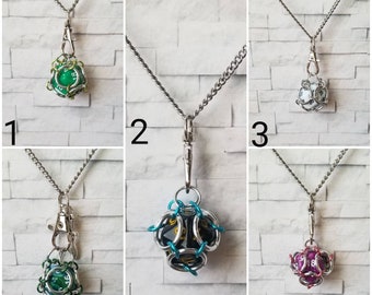 Captive dice jewelry, removable d20 necklace, dice jail necklace, dnd dice jewelry, chain maille cage, d20 pendant,
