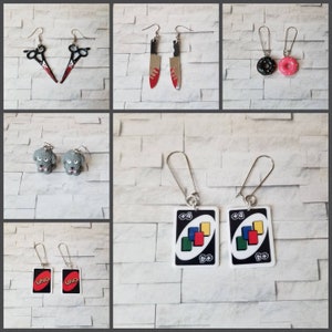 Pendientes lindos, pendientes extravagantes, alambres de acero inoxidable, pendientes de donut, pendientes de tijeras ensangrentadas, pendientes de perro, pendientes de cartas de juego