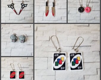 Cute earrings, whimsical earrings, stainless steel ear wires, donut earrings, bloody scissors earrings, dog earrings, game card earrings