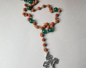 Lutheran prayer beads, Lutheran rosary, hand-wired, stainless steel, Rudraksha seeds, green Malay Jade, detailed Pardon crucifix, OOAK