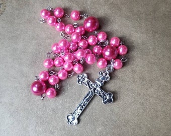 Orthodox prayer beads, Orthodox Chotki, hot pink glass pearls, budded crucifix, silver toned, Orthodox Chotki, Komboskini, hand-wired, OOAK