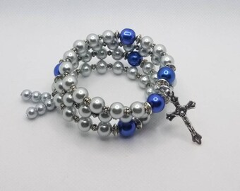 Five decade rosary bracelet, memory wire bracelet, wrap bracelet, silver gray and dark blue glass pearls, religious bracelet, Catholic