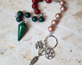 Yule prayer beads, pagan prayer beads, witch prayer beads, stainless pins, gemstone pendulum, Goddess prayer beads, elemental prayer beads