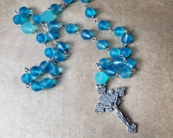 Orthodox prayer beads, Orthodox Chotki, blue rubberized frosted glass beads, budded crucifix, silver toned, Orthodox Chotki, Komboskini