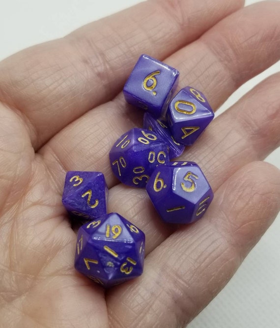 Pearly purple and gold mini Dnd dice, mini polyhedral gaming dice, DnD dice set, RPG dice, D and D dice, set of 7 DnD dice, 10mm dice