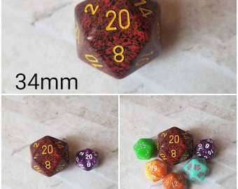 Mercury 34mm Jumbo d20, red and black speckled with yellow numbers, giant dnd dice, 34mm d20 dice, huge dnd dice,  jumbo d20, RPG dice,
