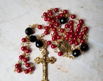 Catholic Rosary, beautiful red glass pearls, black Czech glass, gold toned, five decade rosary, St Benedict center, budded crucifix,