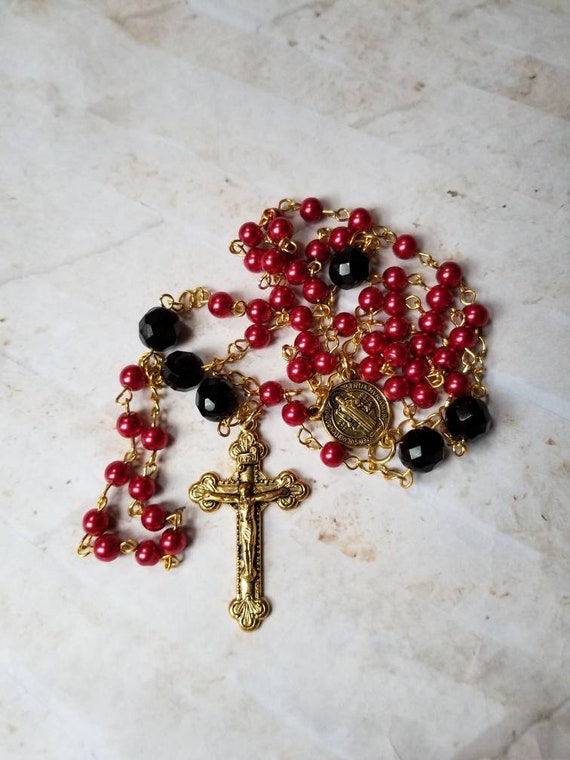 Rosary, beautiful red glass pearls, black Czech glass, gold toned, five decade rosary, St Benedict center, budded crucifix, Catholic rosary