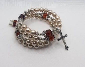 Five decade rosary bracelet, memory wire bracelet, wrap bracelet, beige glass pearls, topaz Czech glass, silver toned, hand-wired, OOAK