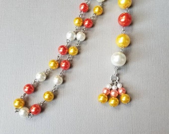 Baha'i prayer beads, 19 and 5 prayer beads, hand-wired, stainless steel pins, glass pearls, Halloween themed, candy corn colors, Fall colors