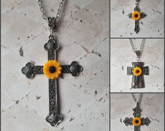 Cross with Sunflower, Support Ukraine cross necklace, cross jewelry, silver-toned metal cross, silver toned cross, stainless steel chain