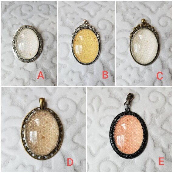 Snake shed jewelry, snake shed pendant, snakeskin necklace, cruelty free snake sheds, Ball python shed, Fire Banana Ball Python, snake pin