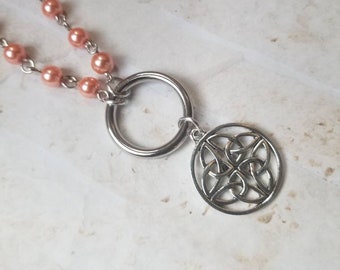 Kitten day collar, discreet day collar, dark peach glass pearls, BDSM collar, cast O ring necklace, Celtic knot day collar, Triquetra charm