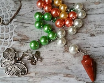 Beltane prayer beads, pagan prayer beads, witches prayer beads, stainless steel, glass pearls, Red Jasper, butterfly charms, Czech glass