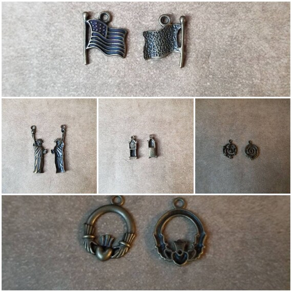 Destash charms, bronze toned, metal charms, statue of liberty charms, Claddagh charms, spiral charms, grandfather clock charms, flag charms