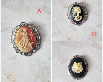 Cameo brooch, silver-toned brooch pins, cameo pin, Diana the huntress cameo, Gothic cameo, Lolita cameo, Goddess cameo, Cat cameo brooch