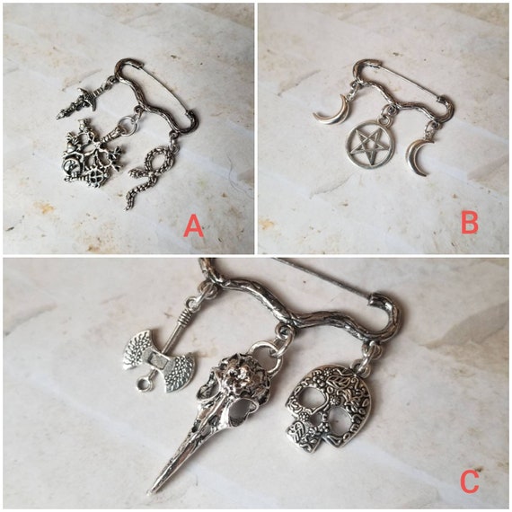 Goth brooch pin, Pagan jewelry, three charm pin, Spooky jewelry, Triple Goddess pin, Raven skull pin, cosplay jewelry, Goth jewelry