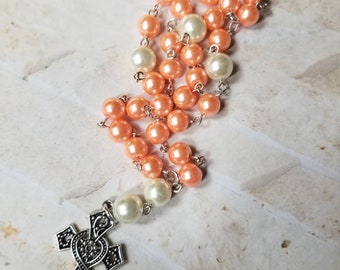 Anglican Prayer beads, religious, Episcopal, Methodist, Protestant, peach and ivory glass pearls, pretty silver-toned cross